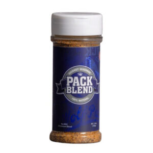 A spice jar labeled 'Pack Blend' with a white cap and blue label.